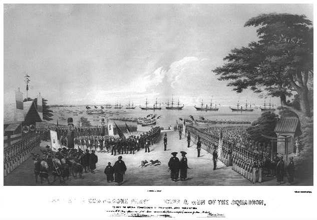 A lithograph of Commodore Perry’s fleet arriving to meet a horde of officials and commissioners of the Tokugawa shogunate on July 14th, 1853. (Source: Wikipedia)