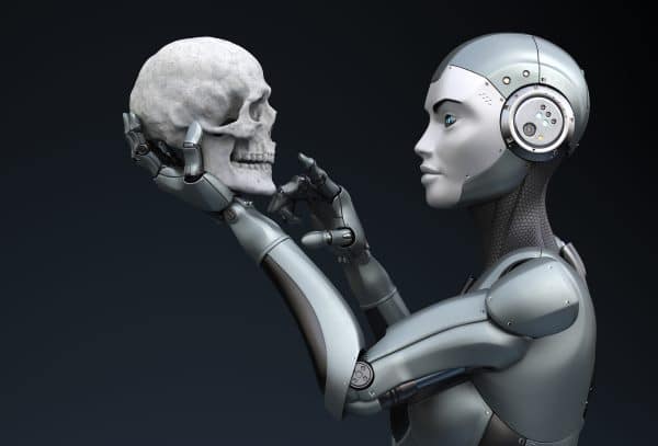 Robot with human skull in his hand. 3D illustration
