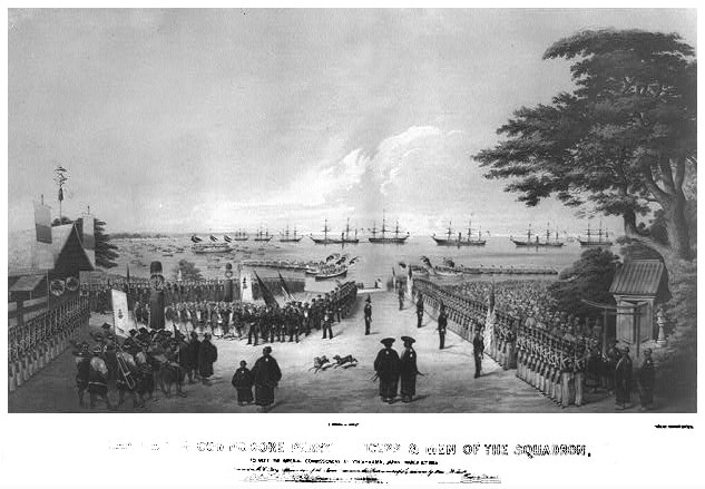 A lithograph of Commodore Perry's fleet arriving to meet a horde of officials and commissioners of the Tokugawa shogunate on July 14th, 1853. (Source: Wikipedia)