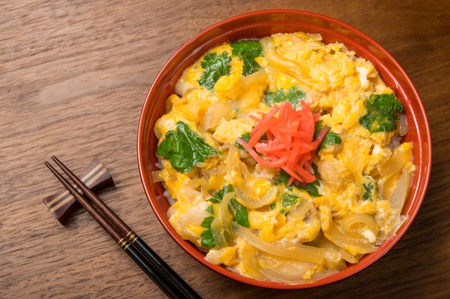 Oyakodon - egg and chicken on top of rice in a dashi and soy sauce broth