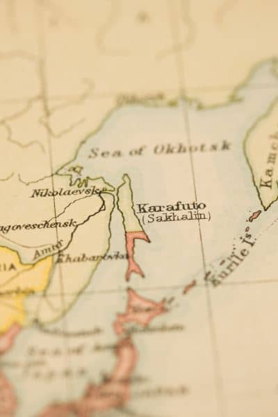 An old map shows a divided Sakhalin, called Karafuto. 