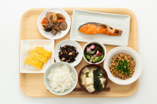 Teishoku, or "fixed meal," including fish, miso soup, and sides