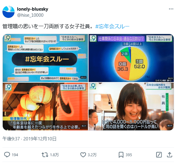 End of year work party tweet: 管理職の思いを一刀両断する女子社員。#忘年会スルー