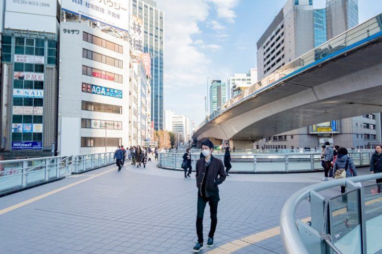 Japanese people wear protection masks while walking in the city of Shibuya to protection themselves from covid-19 virus. Tokyo, Japan February 8,2020