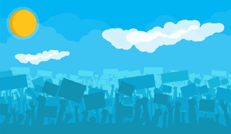 Demonstration under a peaceful sky