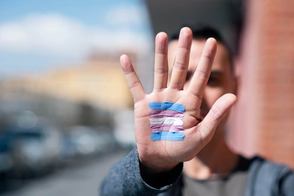Person with transgender flag on hand