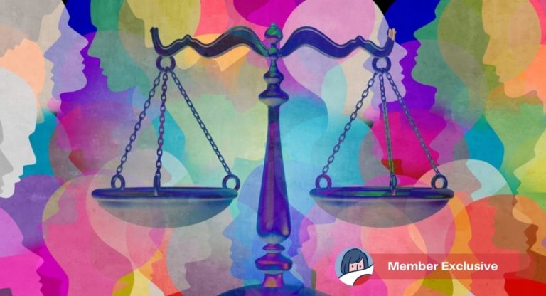 Scales of justice with faces