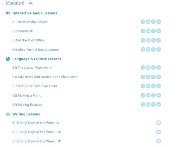 Learning Japanese Online - a screenshot of module 6 of Level 1 of Rocket Languages. 