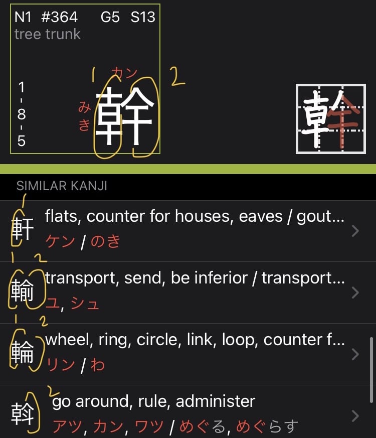 The imiwa? app lists similar kanji