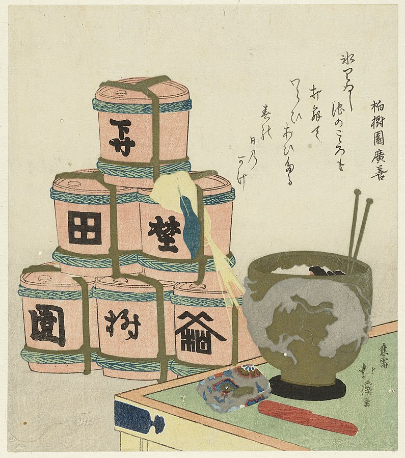 Sake barrels in 1832 woodcut.
