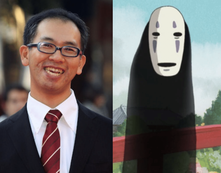 Director Yoneyabashi Hiromasa of Studio Ghibli and Studio Ponoc, next to a shot of the character No-Face from Spirited Away. Miyazaki Hayao used to to compare the two.