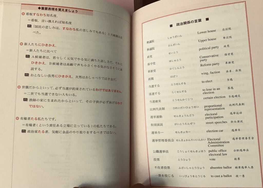 Example of grammar and vocab lists from Jitsuryoku Up! N1 Yomu