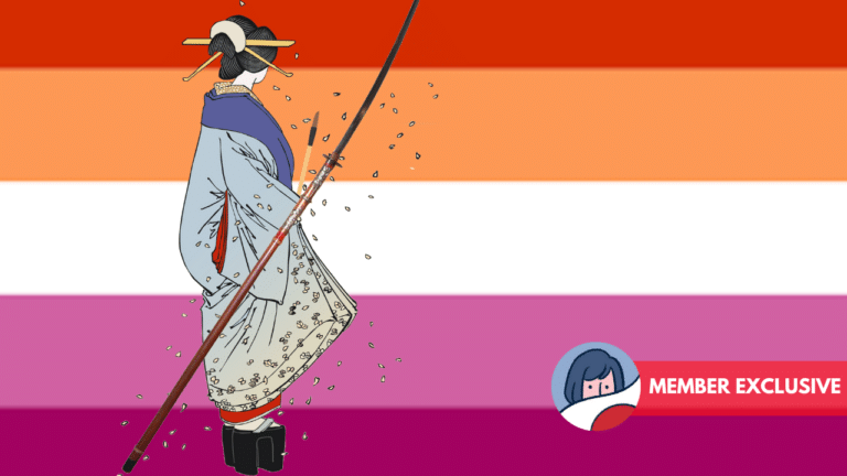 An Edo-era woman with naginata and brush stands before the colors of the Lesbian flag, symbolizing the queer aspects of this story.