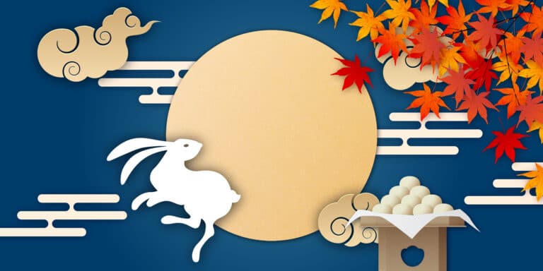 A rabbit, moon, Tsukimi dango, autumn leaves, and more -symbols of Tsukimi.