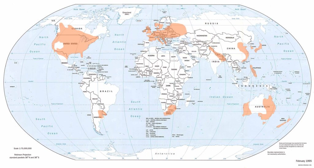 A map of the major regions where tornadoes occur globally - including all of Japan, save Hokkaido.