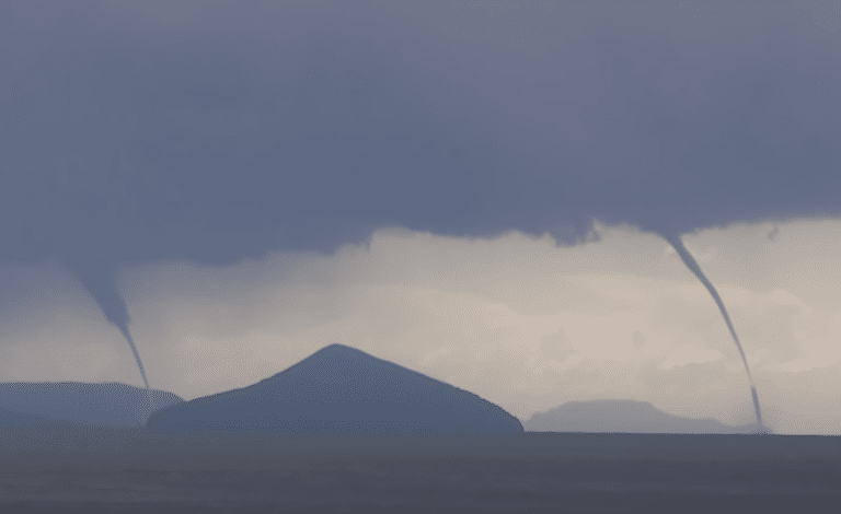 Dual tornadoes strike the Izu islands in Japan.