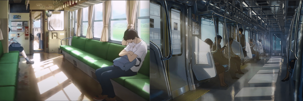 Train scenes in Hosoda's Belle and Shinkai's Your Name.