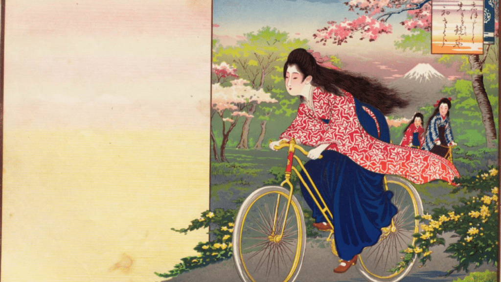 A classic representation of a high-collar, modern girl of the late Meiji-early Taisho eras.