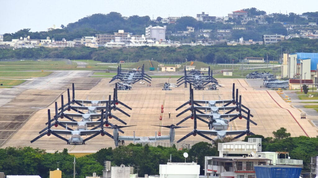 Military aircraft at Futenma Base in Ginowan, Okinawa.