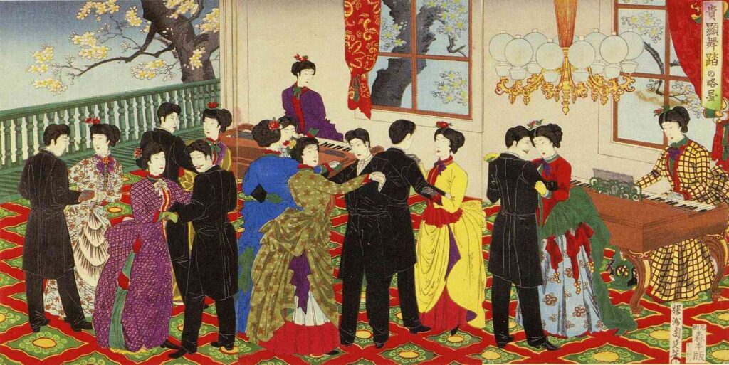 Japanese gentlemen and ladies dance at the Rokumeikan in Western finery.
