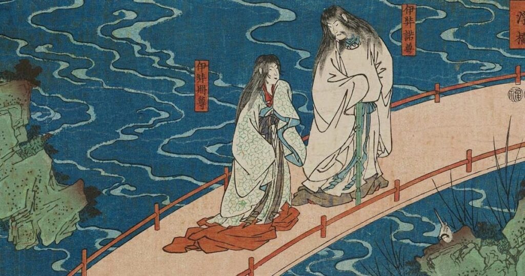 Print of Japanese creator deities Izanagi and Izanami.