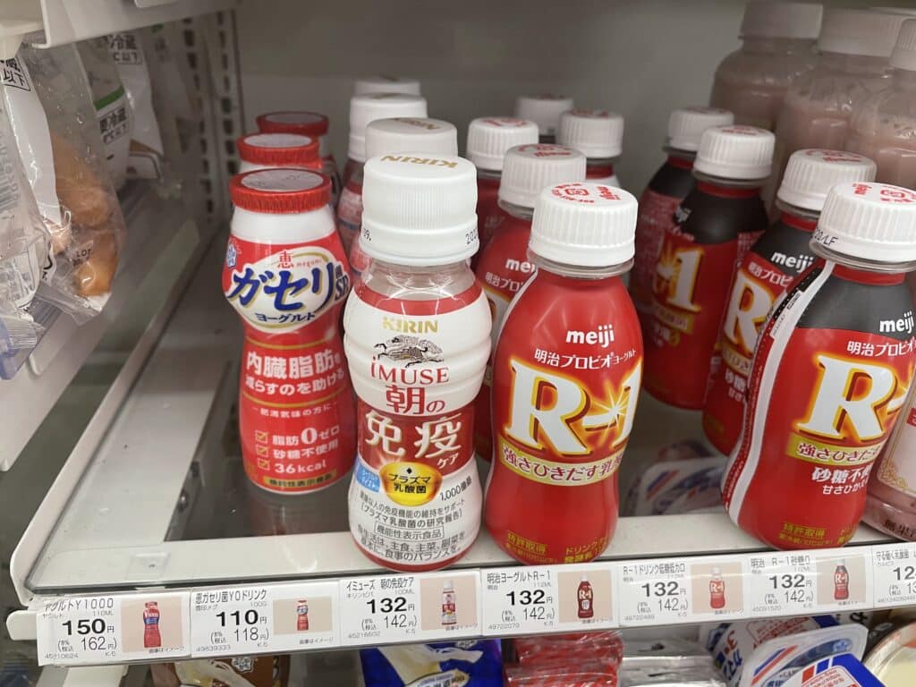 Various labeled Yakult imitator brands at a local Tokyo convenience store.