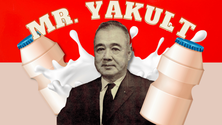 Shirota Minoru, inventor of Yakult, stands amongst cartoon yakult bottles and a splash of milk