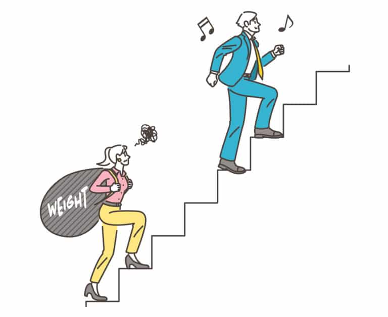 A cartoon man in a suit happily ascends a staircase with ease while a woman trails behind him, saddled with a heavy bag labeled "weight"