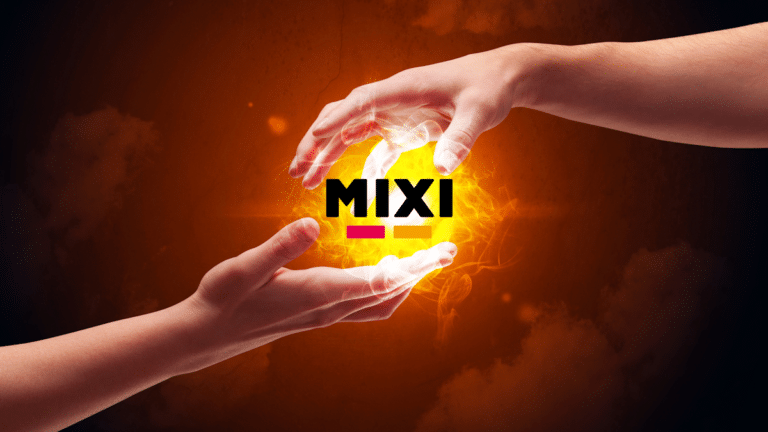 Mixi logo held by two hands against an electric background