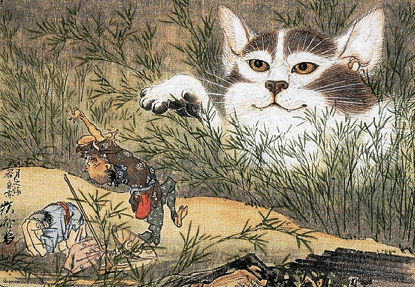 An ukiyo-e painting of a large bakeneko cat apparition appearing out fo the tall grass and terrifying two Japanese peasants.