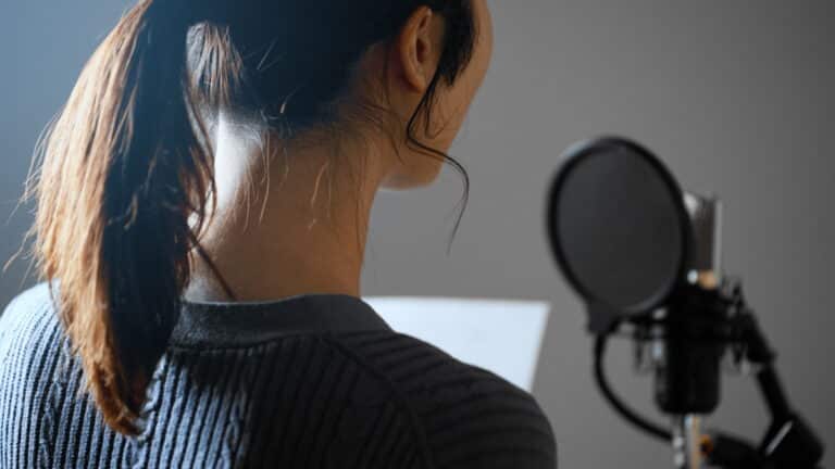 Voice actress at microphone