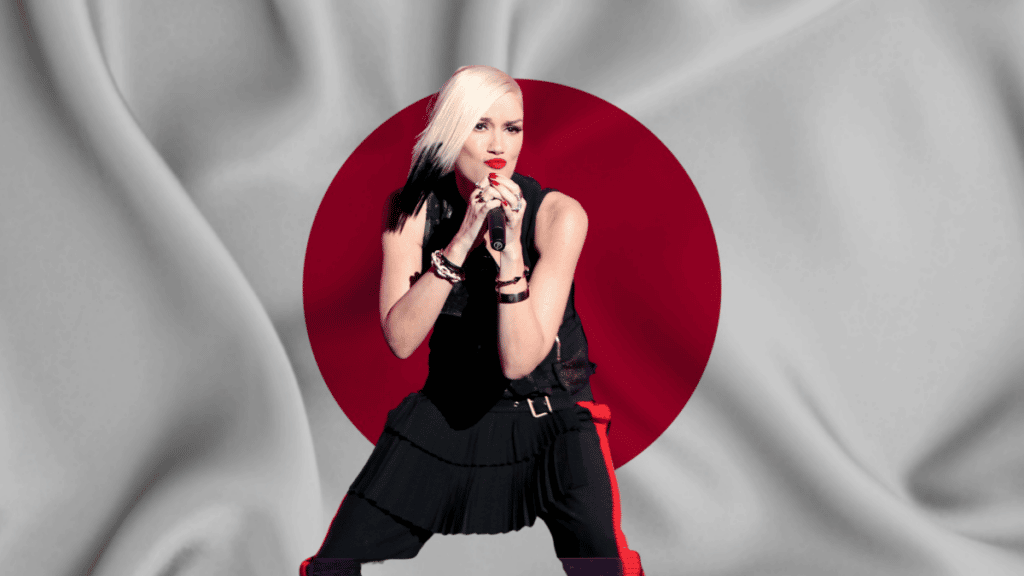 Gwen Stefani in front of Japanese flag