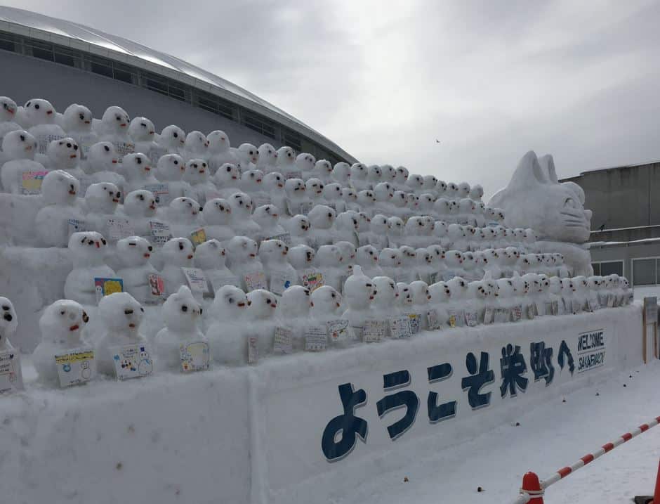Snowmen made by Sapporo elementary school students at the 2017 Snow Festival