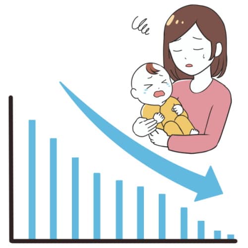 Declining birth rate chart with woman holding baby