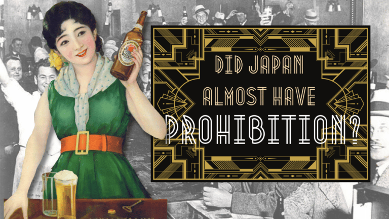 A illustrated 1920s Japanese woman holds a beer next to a era-styled title reading "did Japan almost have prohibition?"