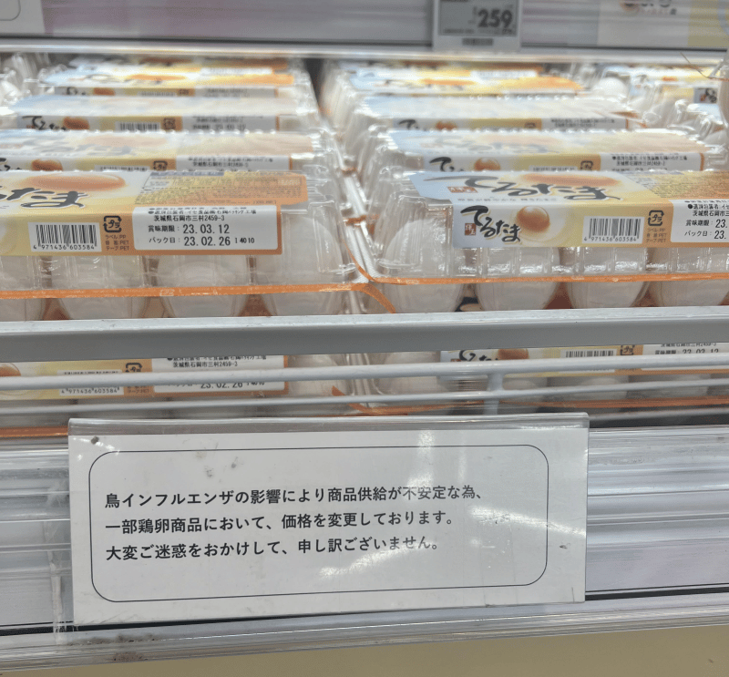 Eggs with an apology message about rising prices due to the bird flu. Taken at a Maruetsu Petit in Shinjuku, Tokyo, Japan.