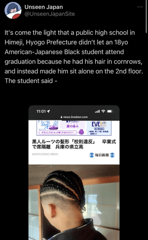 Unseen Japan tweet on Twitter about student with cornrows who was segregated from his high school graduation ceremony
