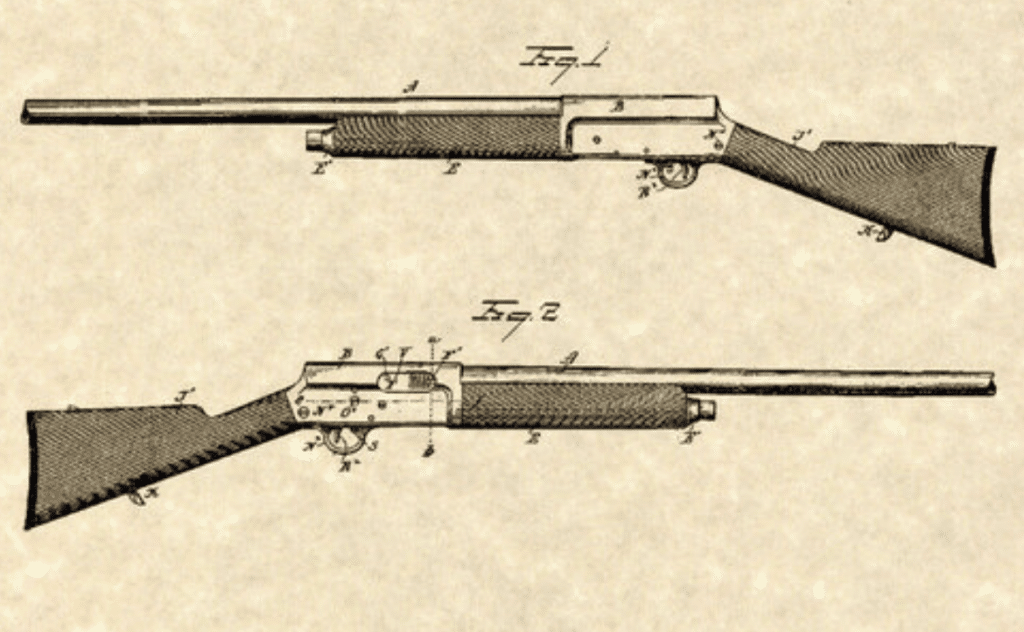 Sepia-toned schematics for the Browning Auto-5, with which Toi Mutsuo killed so many during the Tsuyama Massacre.