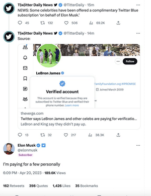 Elon Musk confirming he's "paying" for a few Twitter Blue subscriptions himself
