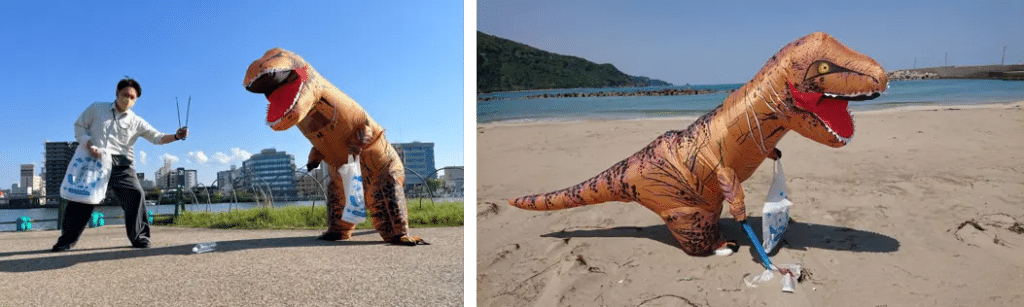 A person in a dinosaur costume picking up garbage with its short, stubby arms