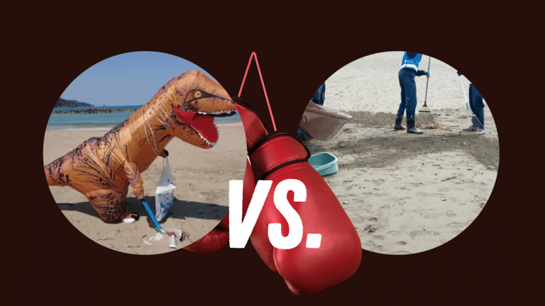 Dinosaur vs. humans garbage battle