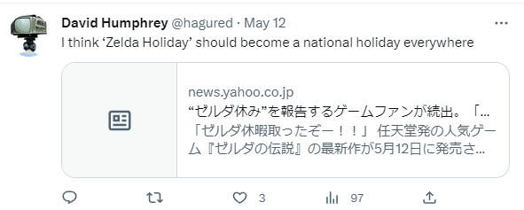 Tweet from Twitter user @hagured about the  Zelda Holiday