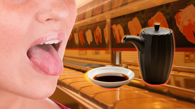 Sushi terrorism - man about to lick soy sauice dispenser