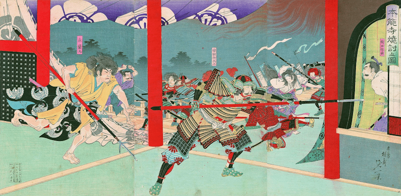 A Meiji-era depiction of the Honnō-ji incident with Oda Nobunaga