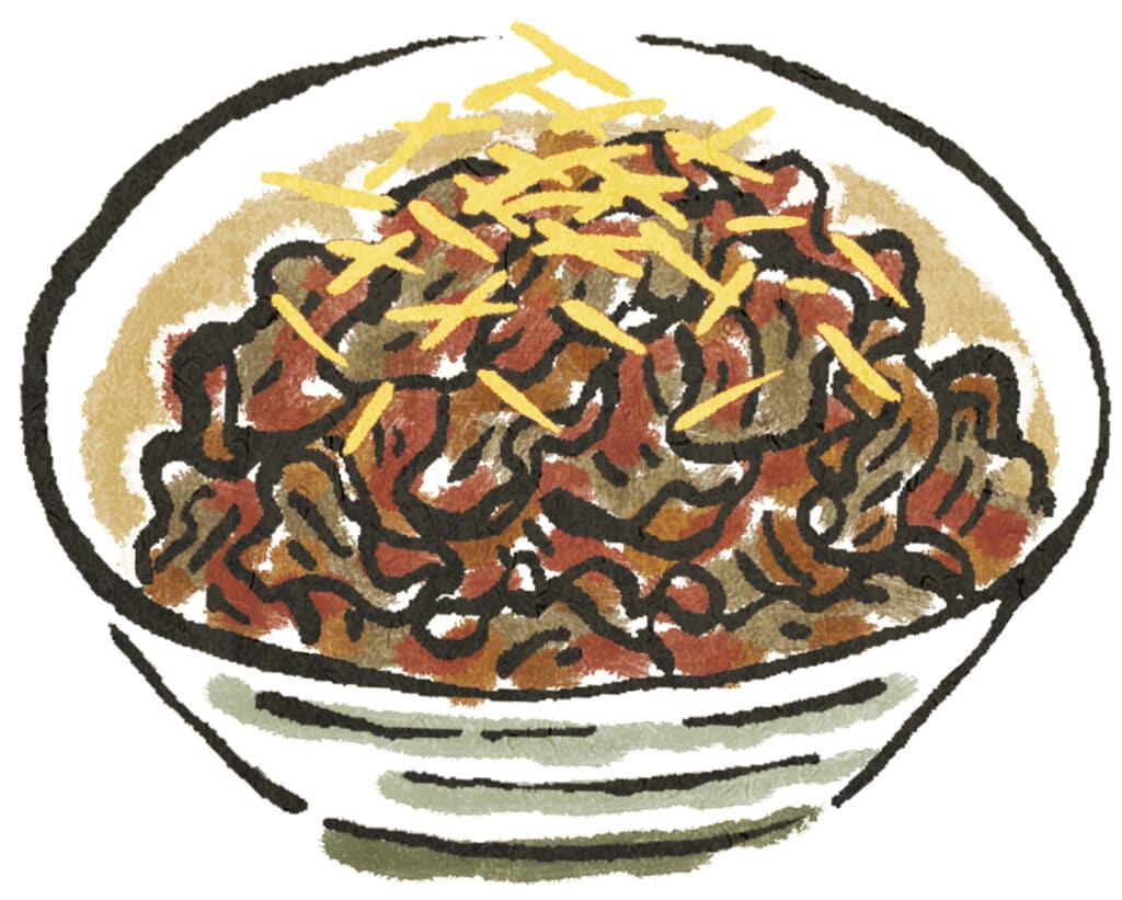 Illustration of a beef-based tsukudani dish.