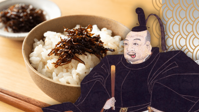 Woodblock print of Tokugawa Ieyasu superimposed in front of a bowl of tsukudani.