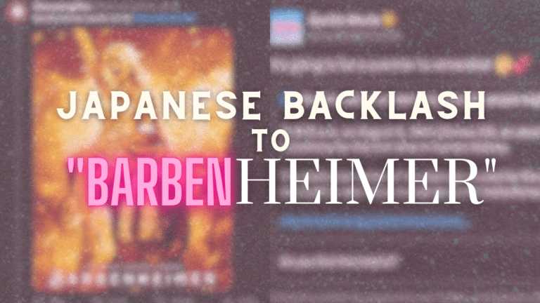 Text reads "Japanese backlack to Barbenheimer" superimposed upon blurred images of Twitter posts about the meme.