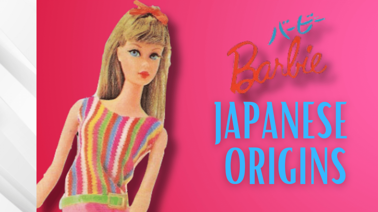 A Barbie doll in front of a pink background with Barbie written in Japanese, alongside the words "Japanese origins"