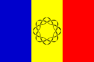The tricolor blue, yellow, and red flag of Soka Gakkai international, which Ikeda Daisaku led.