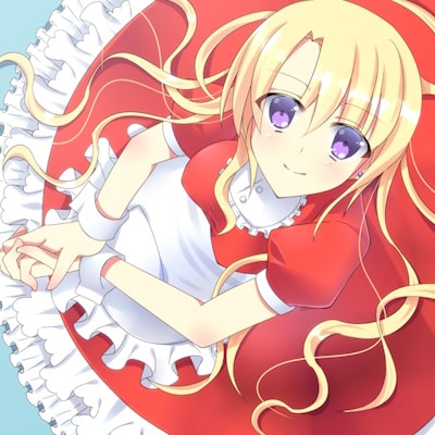 Moe/anime-style in a red and white dress sitting and holding her hands  character
